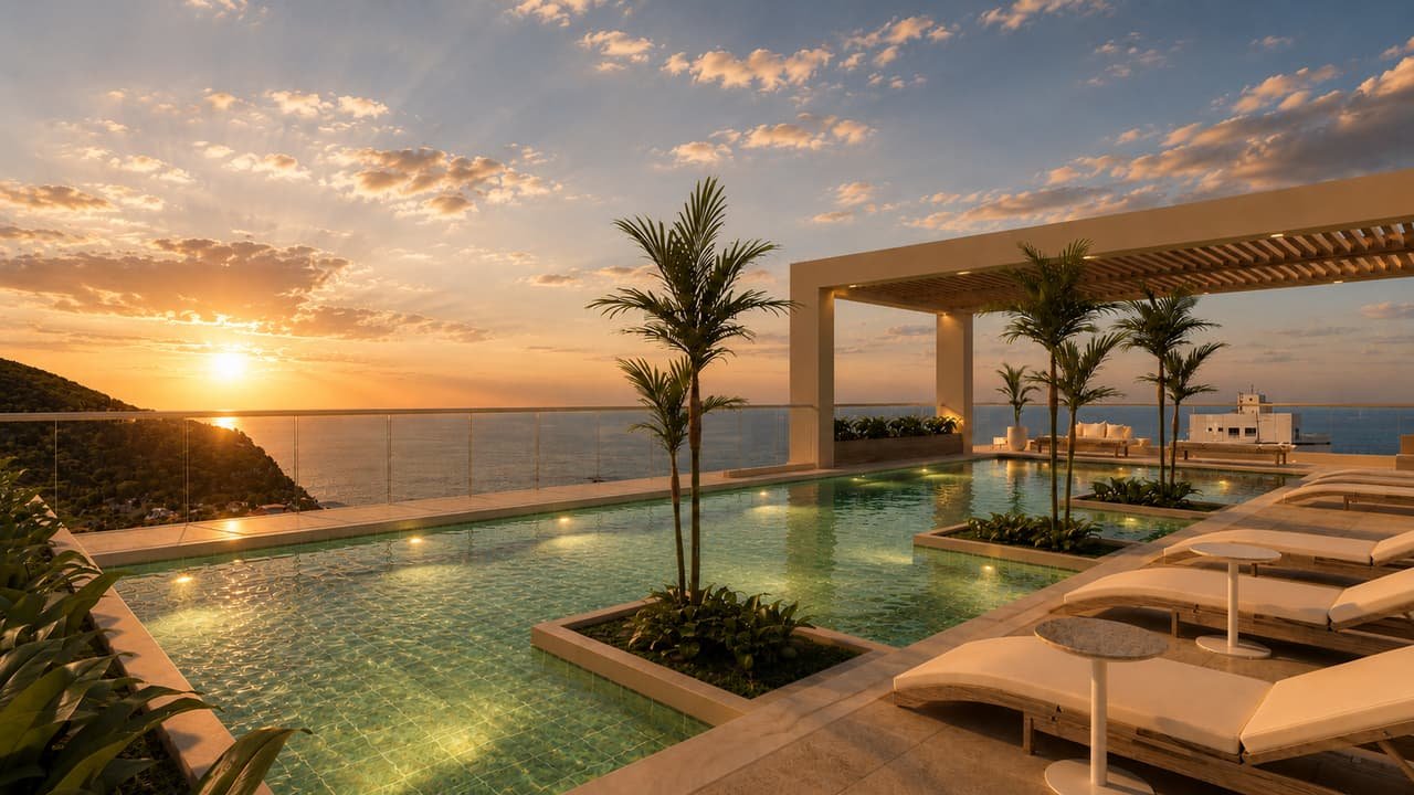 Piscina infinita al atardecer con vista al mar Caribe en Verona Beach, Playa Salguero, Santa Marta