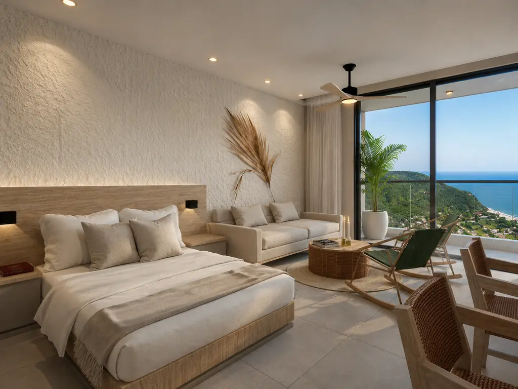 Apartasuite de Verona Beach en Santa Marta con habitación, sala y ventanal con vista al mar