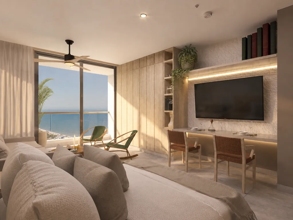 Apartasuite de Verona Beach con sala, zona de trabajo y balcón con vista al mar, Playa Salguero