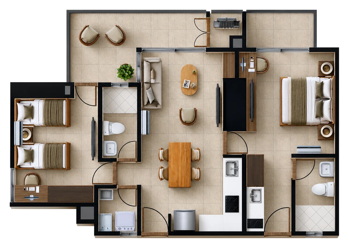 Plano del Tipo A1 de Verona Beach en Playa Salguero, Santa Marta: apartamento de dos habitaciones y dos baños, con sala comedor, cocina, zona de labores y terraza; 77,88 m² construidos, pisos 6 al 22