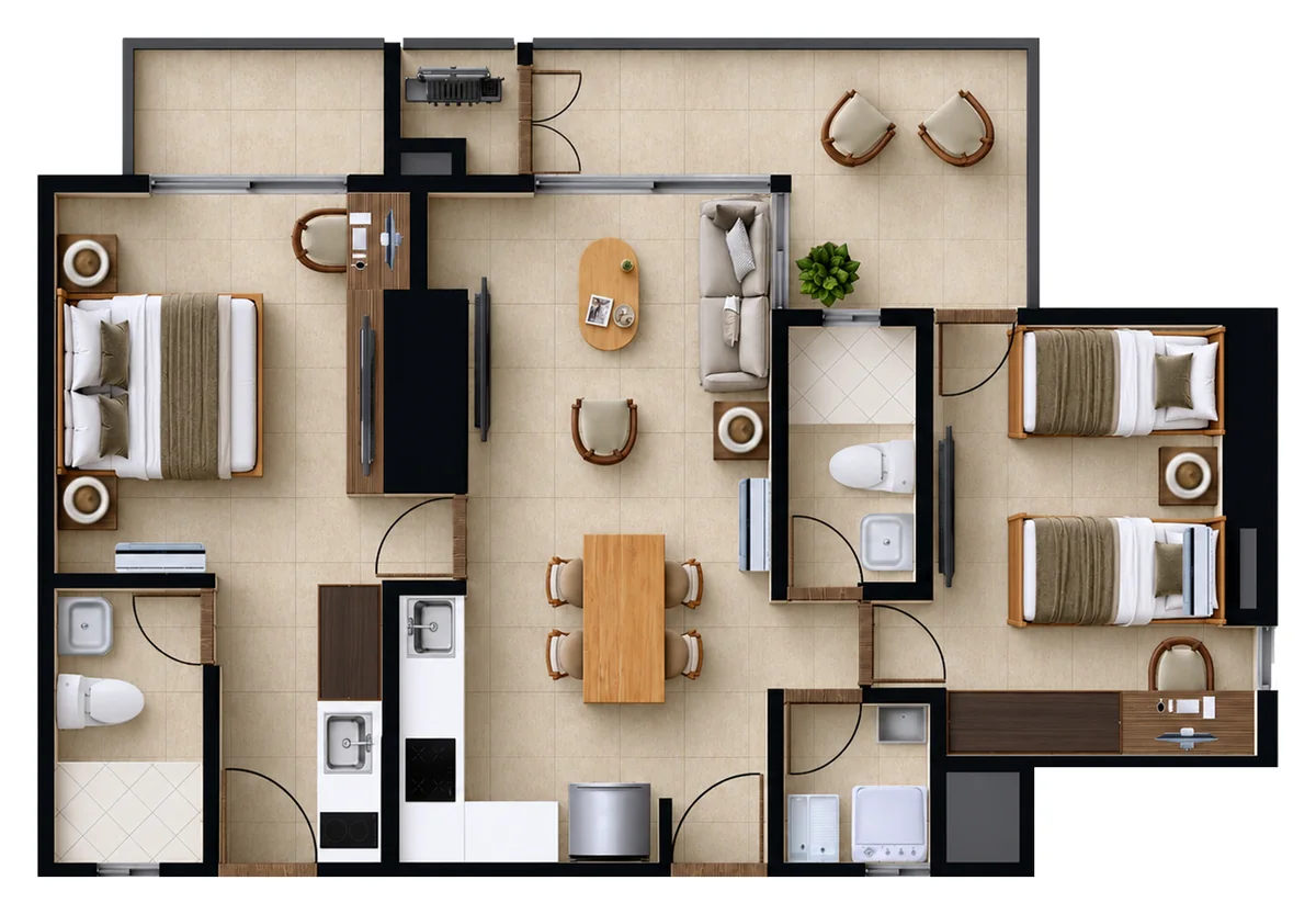 Plano del Tipo A2 de Verona Beach en Playa Salguero, Santa Marta: apartamento de dos habitaciones y dos baños, con sala comedor, cocina, zona de labores y terraza; 78,39 m² construidos, pisos 6 al 23