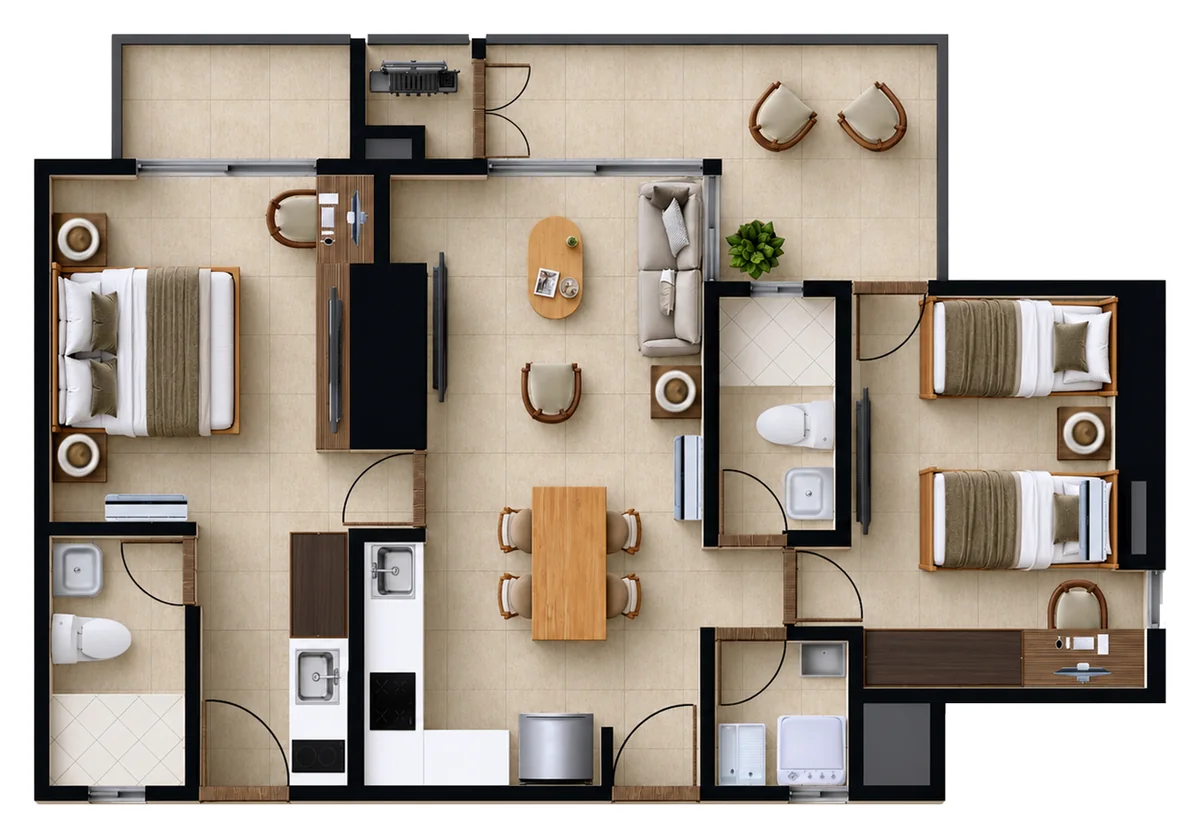 Plano del Tipo A3 de Verona Beach en Playa Salguero, Santa Marta: apartamento de dos habitaciones y dos baños, con sala comedor, cocina, zona de labores y terraza; 81,78 m² construidos, piso 5