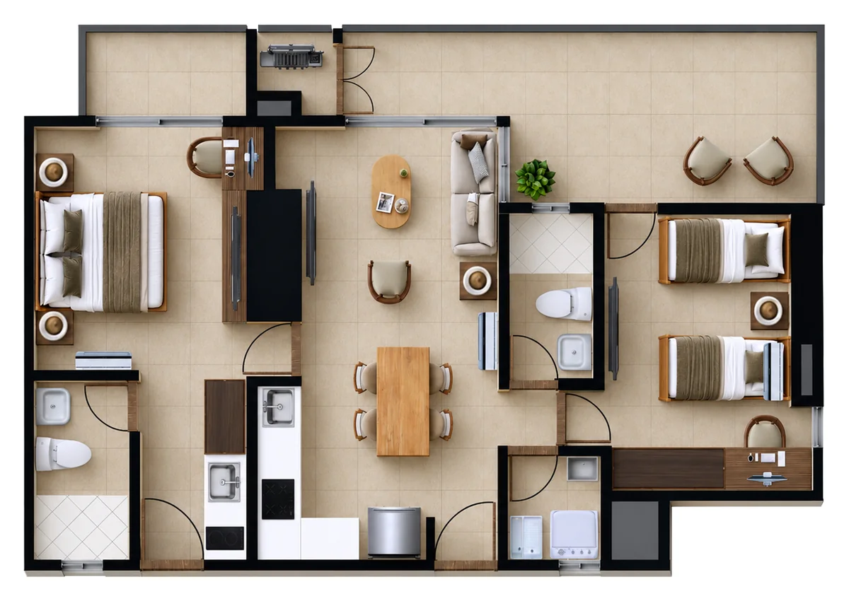Plano del Tipo A4 de Verona Beach en Playa Salguero, Santa Marta: apartamento de dos habitaciones y dos baños, con sala comedor, cocina, zona de labores y terraza; 82,65 m² construidos, piso 5