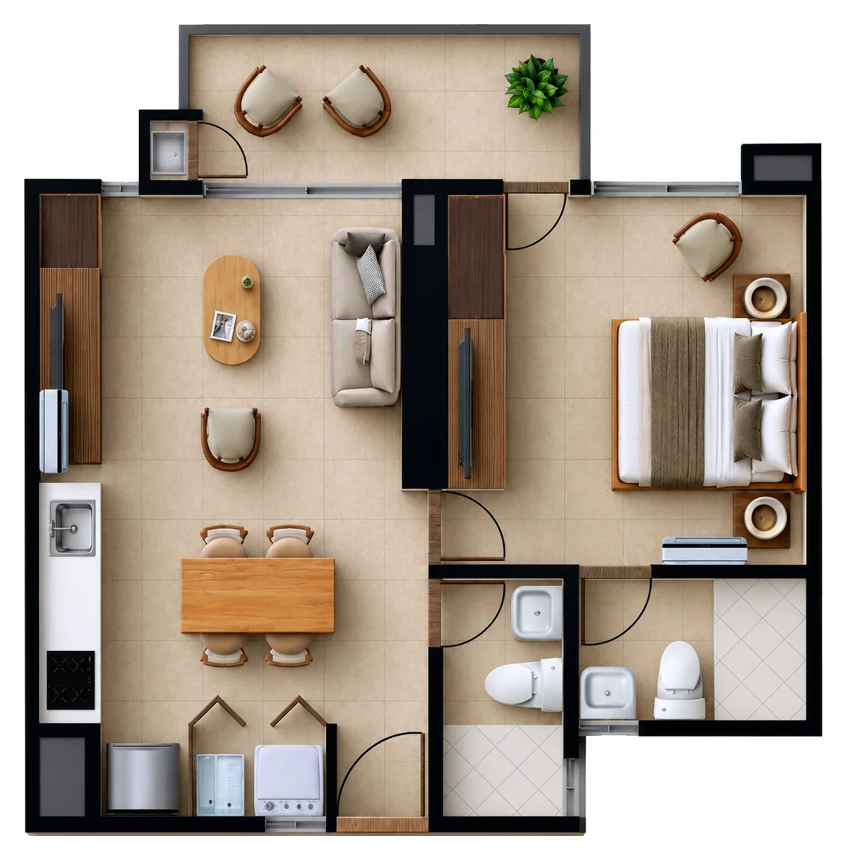 Plano del Tipo B1 de Verona Beach en Playa Salguero, Santa Marta: apartamento de una habitación y dos baños, con sala comedor, cocina abierta, zona de labores y terraza; 54,04 m² construidos, pisos 6 al 22