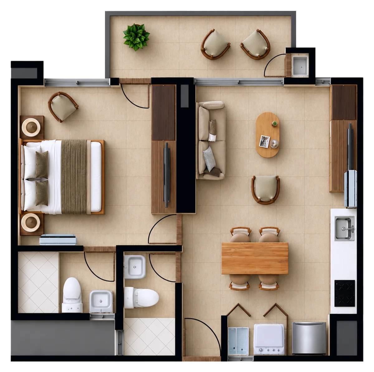 Plano del Tipo B2 de Verona Beach en Playa Salguero, Santa Marta: apartamento de una habitación y dos baños, con sala comedor, cocina abierta, zona de labores y terraza; 54,04 m² construidos, pisos 6 al 23