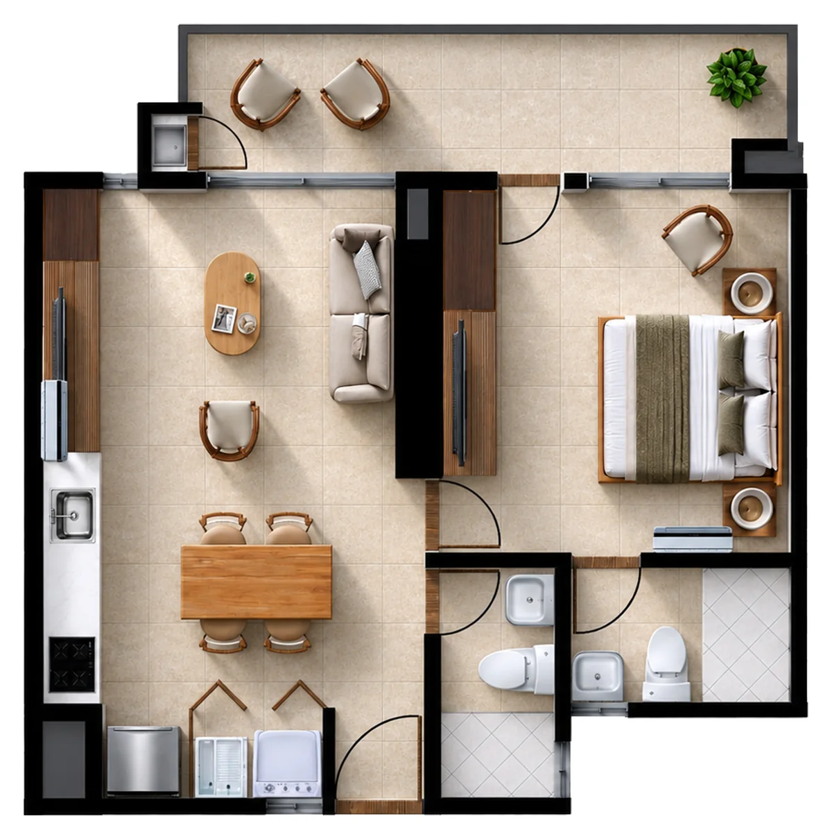 Plano del Tipo B3 de Verona Beach en Playa Salguero, Santa Marta: apartamento de una habitación y dos baños, con sala comedor, cocina abierta, zona de labores y terraza; 57,22 m² construidos, piso 5
