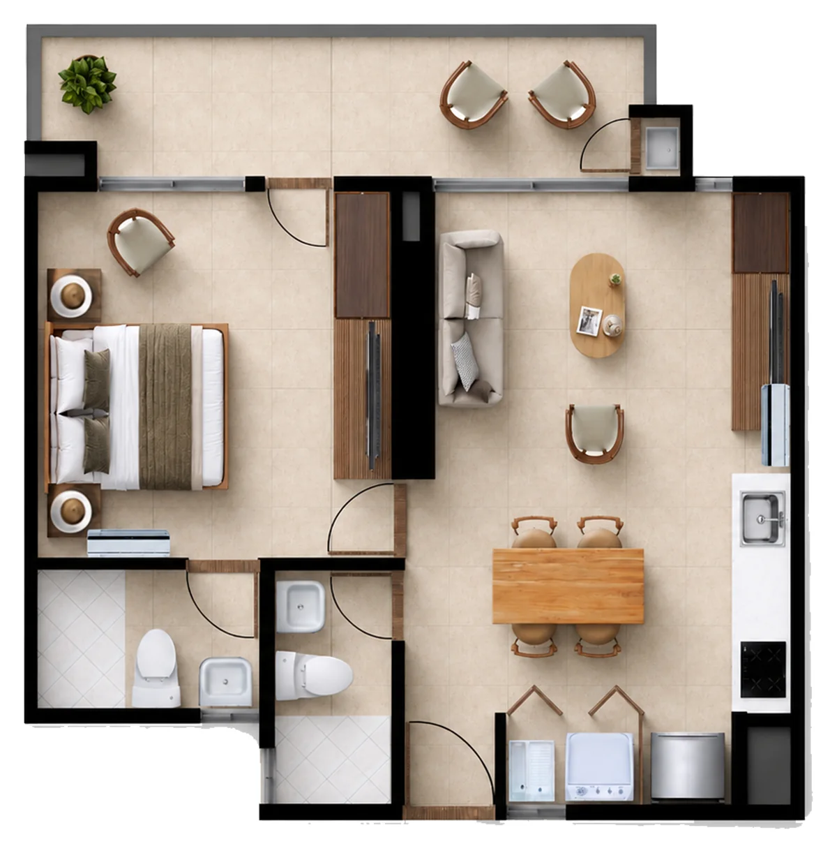 Plano del Tipo B4 de Verona Beach en Playa Salguero, Santa Marta: apartamento de una habitación y dos baños, con sala comedor, cocina abierta, zona de labores y terraza; 57,22 m² construidos, piso 5