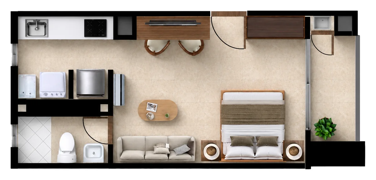 Plano del Tipo C1 de Verona Beach en Playa Salguero, Santa Marta: apartasuite con habitación y sala en un solo ambiente, cocina, baño, zona de labores y terraza; 36,69 m² construidos, pisos 5 al 23
