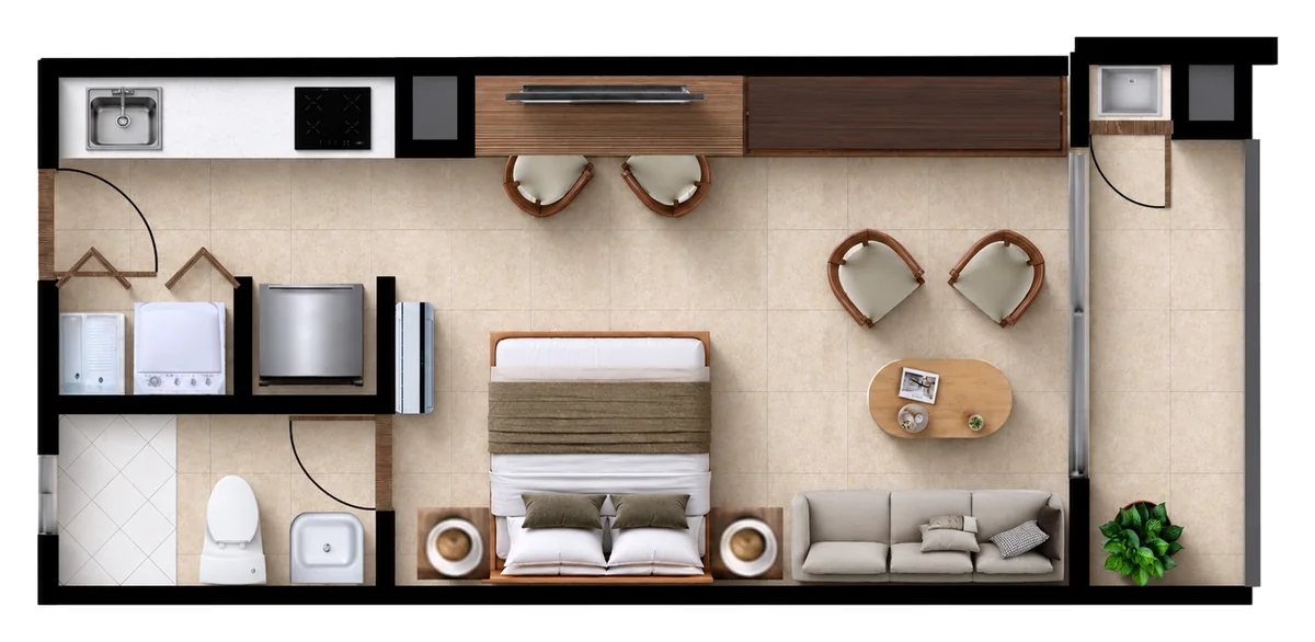 Plano del Tipo C2 de Verona Beach en Playa Salguero, Santa Marta: apartasuite con habitación y sala en un solo ambiente, cocina, baño, zona de labores y terraza; 36,00 m² construidos, pisos 5 al 23