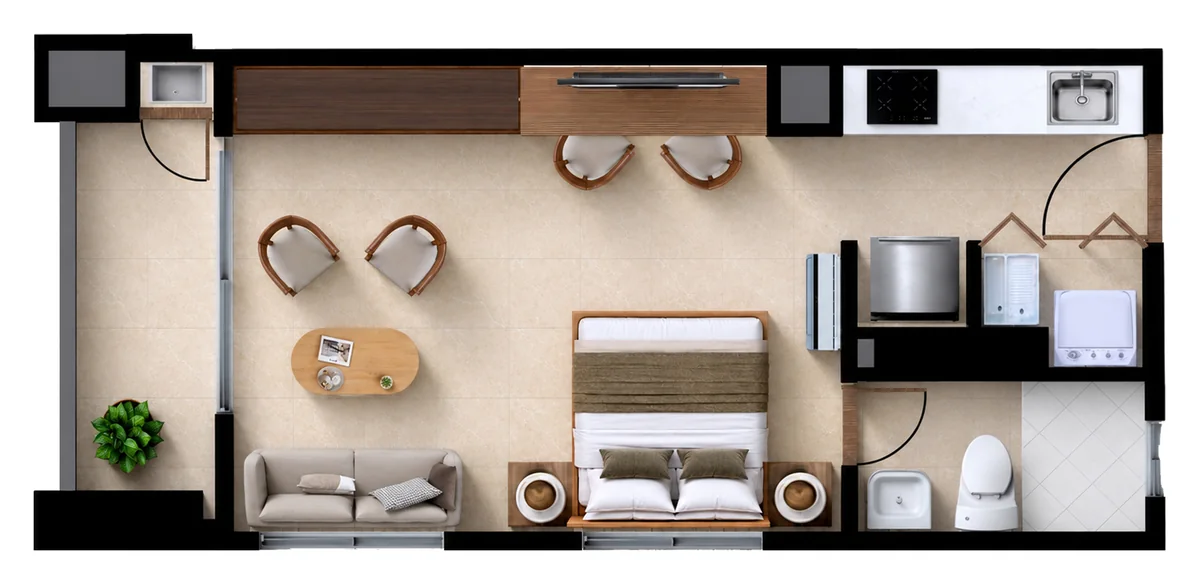 Plano del Tipo C4 de Verona Beach en Playa Salguero, Santa Marta: apartasuite con habitación y sala en un solo ambiente, cocina, baño, zona de labores y terraza; 38,46 m² construidos, pisos 5 al 22