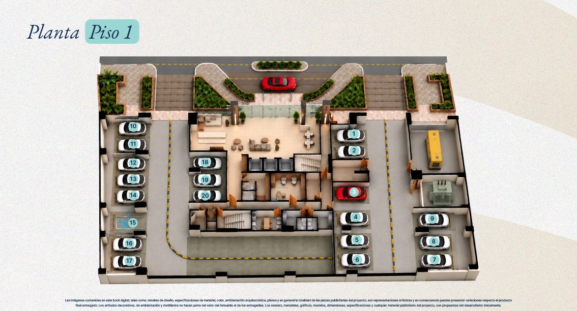 Planta del piso 1 de Verona Beach en Playa Salguero, Santa Marta: lobby, acceso y parqueaderos