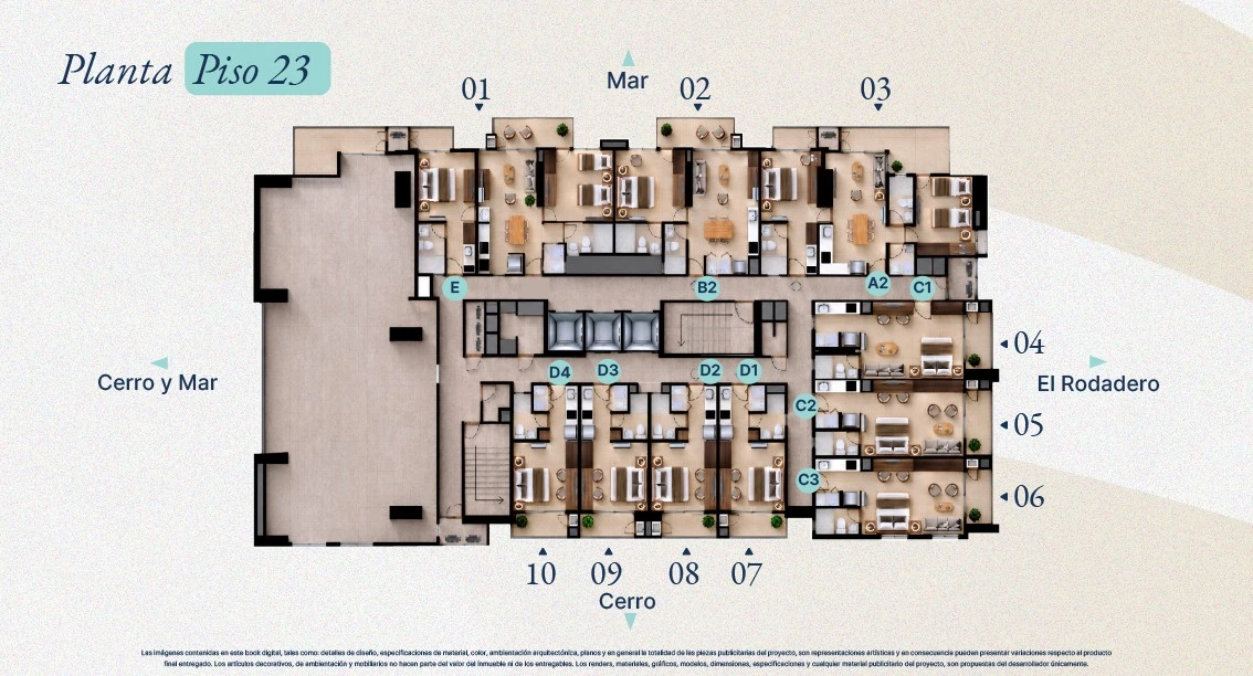 Planta del piso 23 de Verona Beach en Playa Salguero, Santa Marta: apartamentos y apartasuites