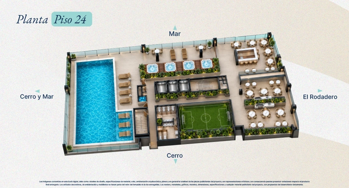 Planta del piso 24 de Verona Beach en Playa Salguero, Santa Marta: rooftop con piscina, jacuzzis, bar y cancha