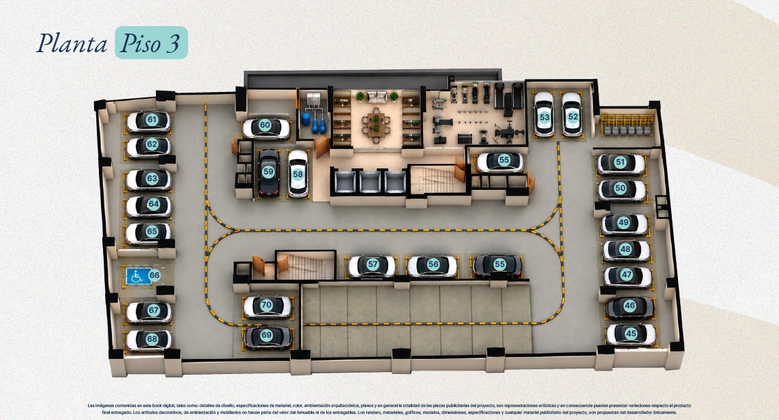 Planta del piso 3 de Verona Beach en Playa Salguero, Santa Marta: parqueaderos, gimnasio y coworking