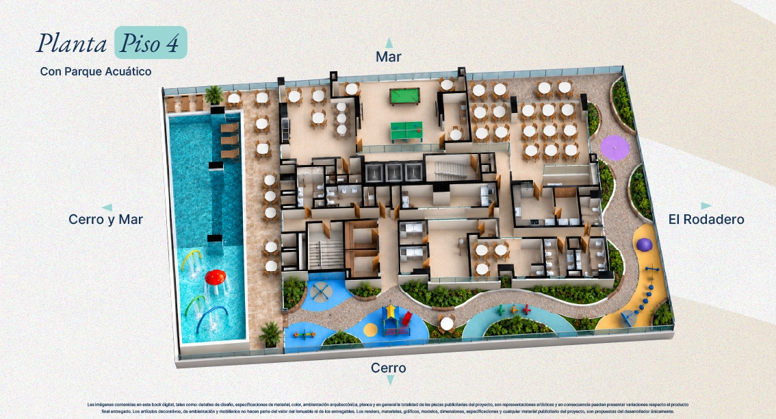 Planta del piso 4 de Verona Beach en Playa Salguero, Santa Marta: Club Level con parque acuático