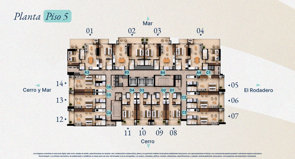 Planta del piso 5 de Verona Beach en Playa Salguero, Santa Marta: apartamentos y apartasuites