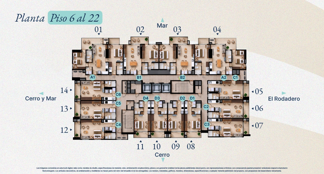 Planta tipo de los pisos 6 al 22 de Verona Beach en Playa Salguero, Santa Marta: apartamentos y apartasuites