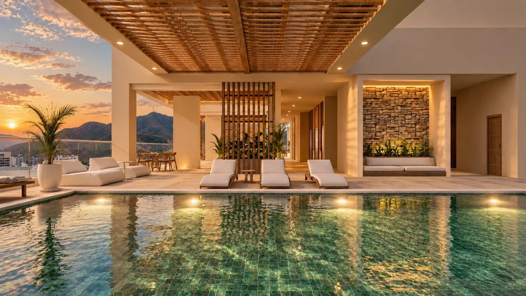 Solárium del rooftop de Verona Beach junto a la piscina, con pérgola de madera y vista a los cerros de Santa Marta