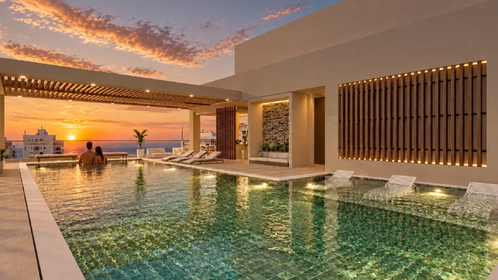 Piscina para adultos del rooftop de Verona Beach, piso 24, al atardecer con vista al mar Caribe en Playa Salguero, Santa Marta