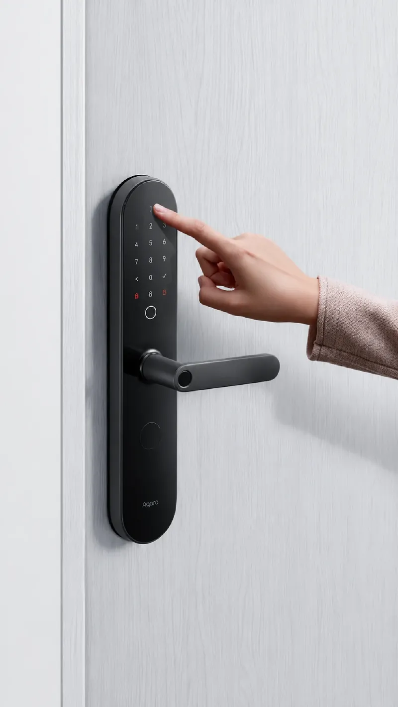 Cerradura inteligente con teclado y huella en la puerta de un apartamento de Verona Beach
