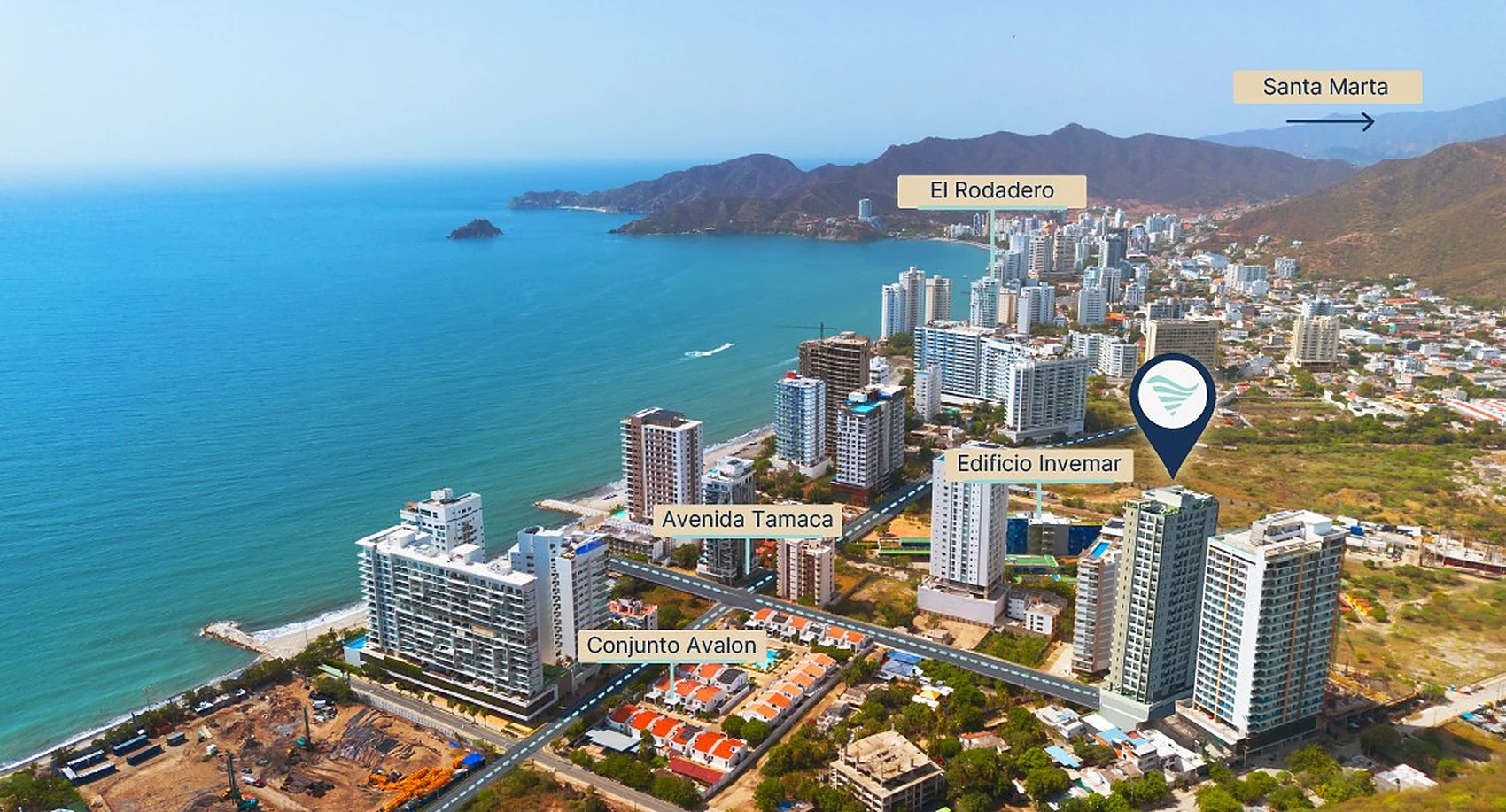 Vista aérea de Verona Beach en Playa Salguero, Santa Marta, cerca del mar, de El Rodadero, la Avenida Tamaca y el Edificio Invemar
